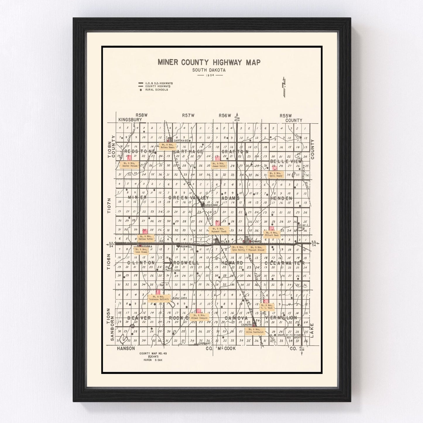 vintage map of Miner County, South Dakota, 1954