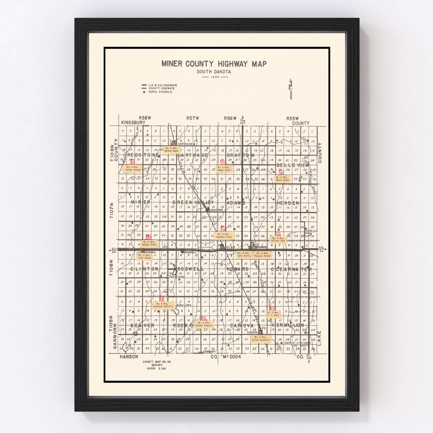 vintage map of Miner County, South Dakota, 1954