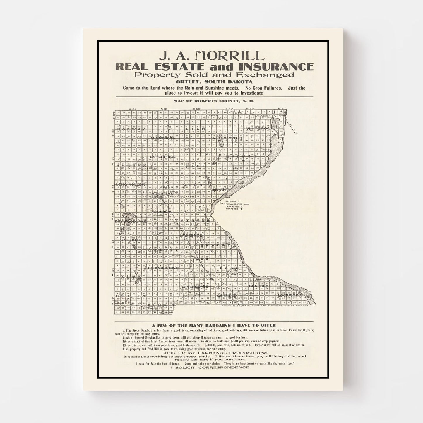 Vintage Map of Roberts County, South Dakota, 1907