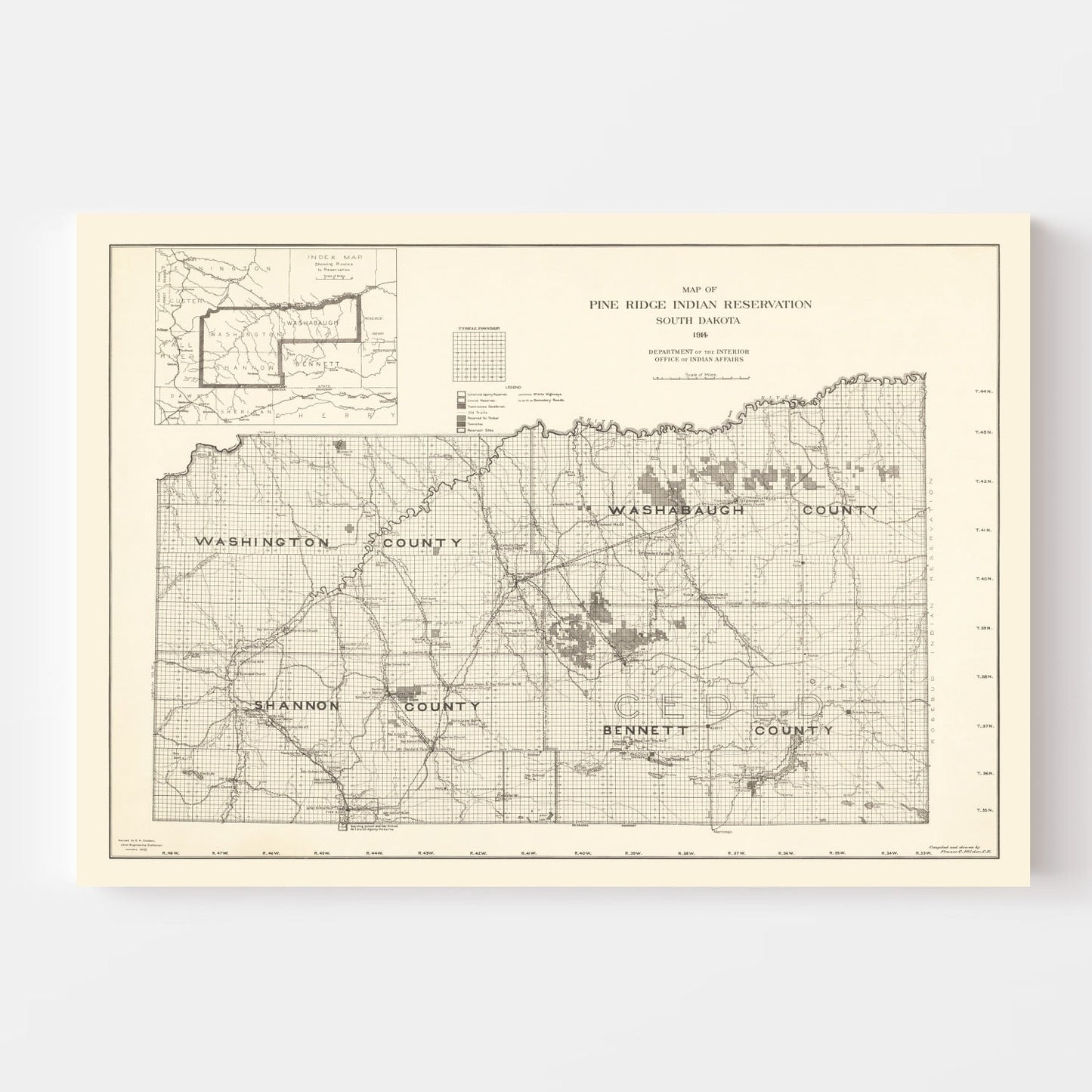 Vintage Pine Ridge Indian Reservation Map, 1914