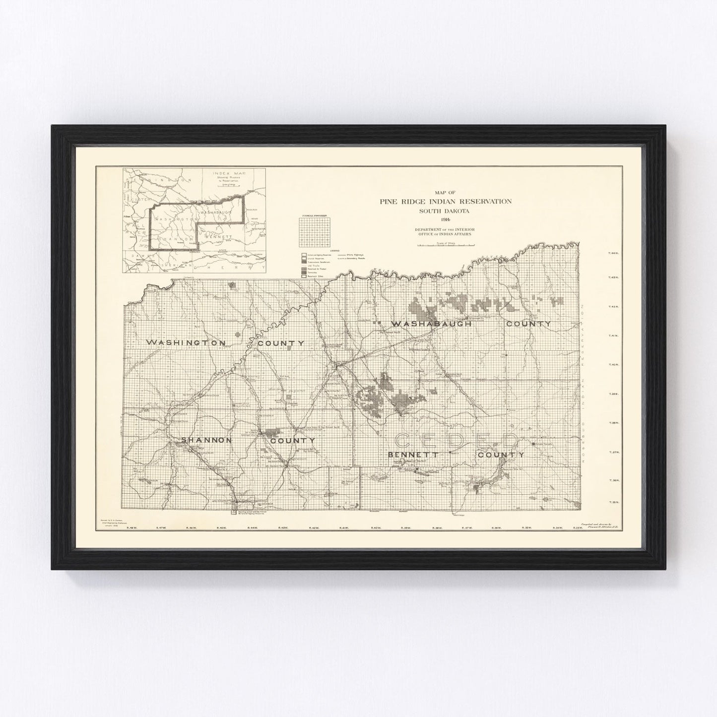 vintage Pine Ridge Indian Reservation map, South Dakota, 1914