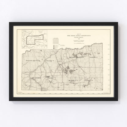 vintage Pine Ridge Indian Reservation map, South Dakota, 1914