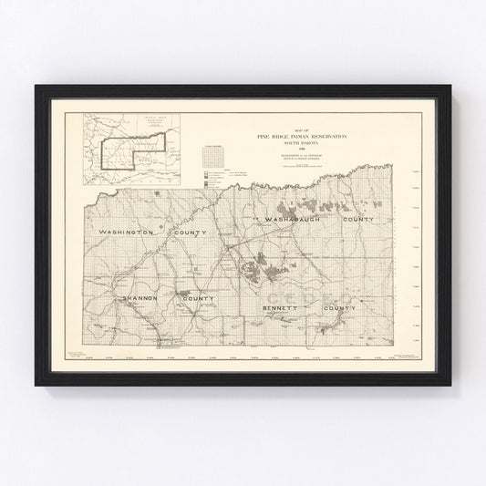 vintage Pine Ridge Indian Reservation map, South Dakota, 1914