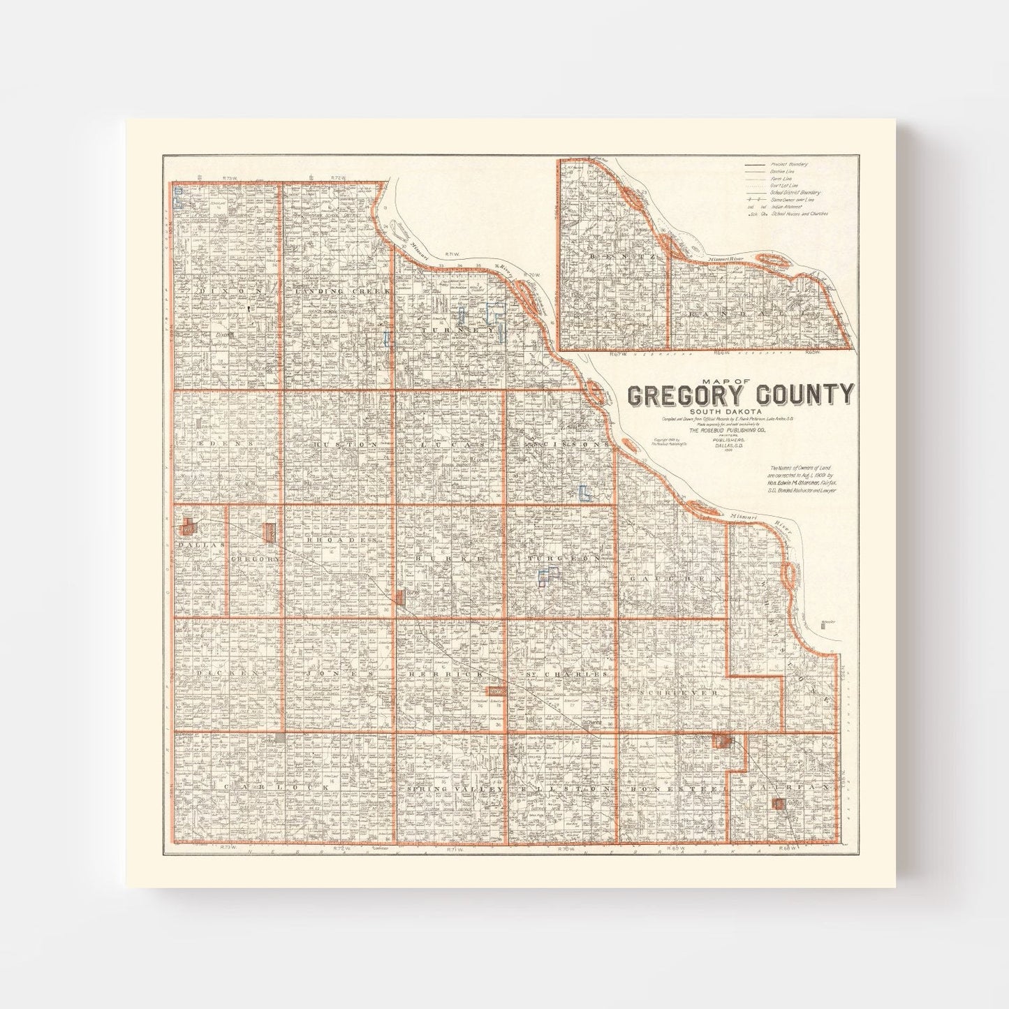 Vintage Map of Gregory County, South Dakota, 1909