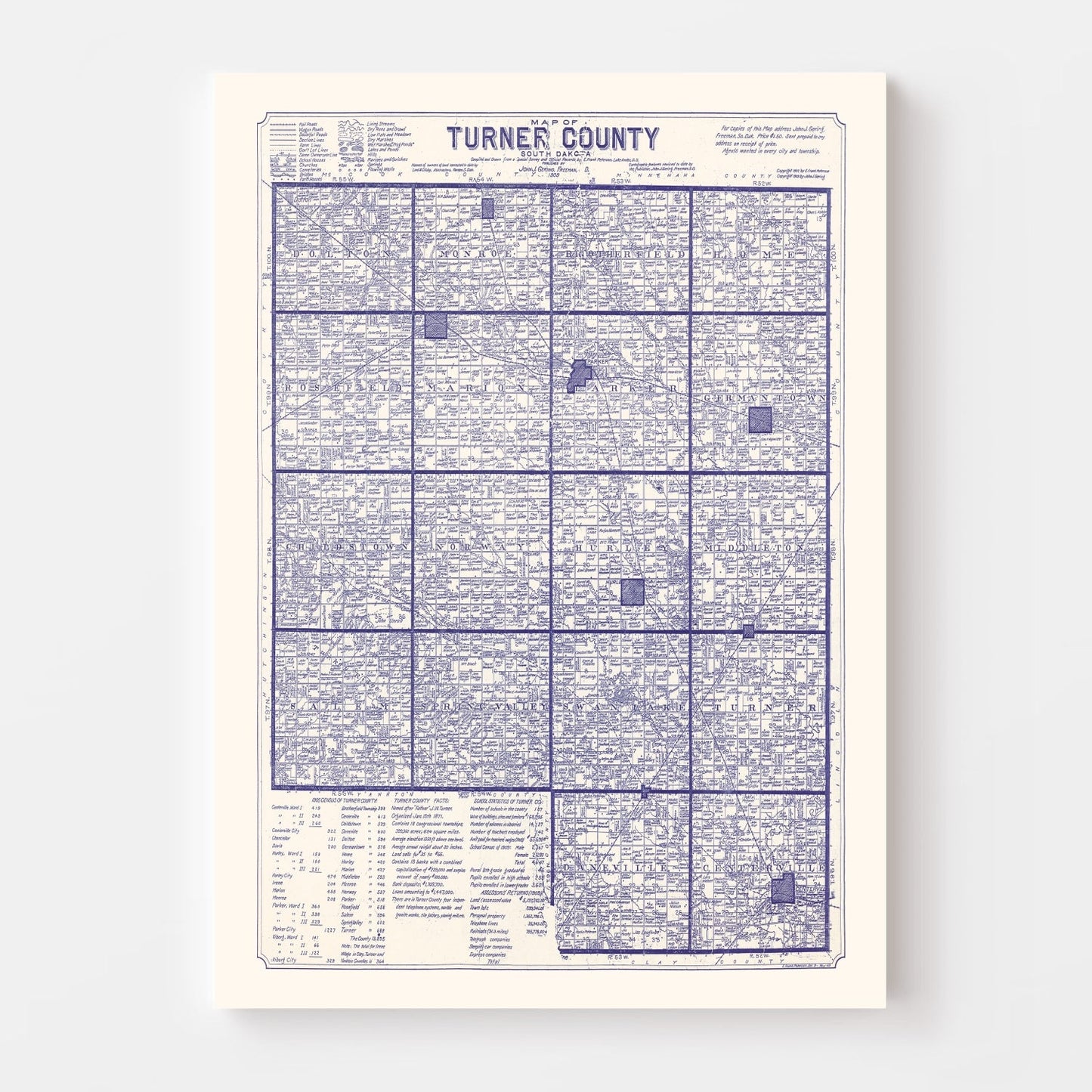 Vintage Map of Turner County, South Dakota, 1909