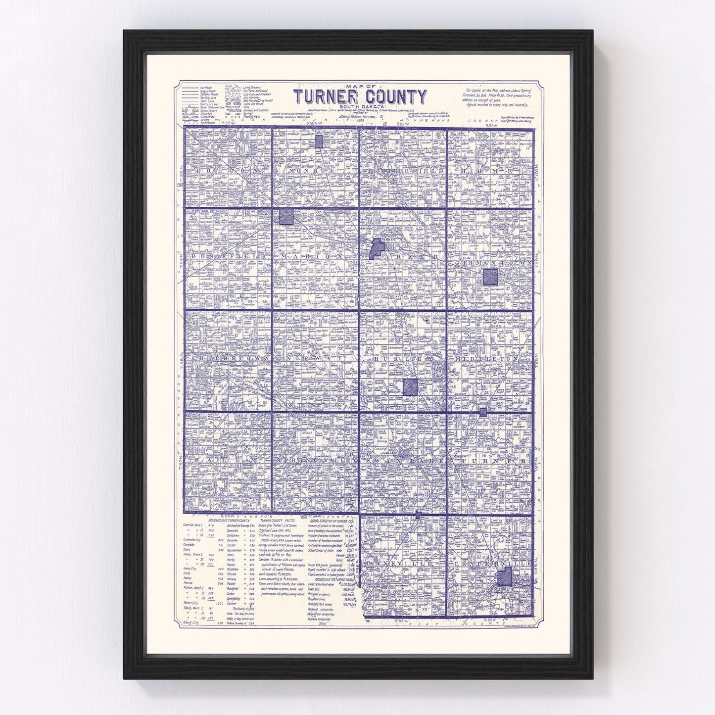 Vintage map of Turner County, South Dakota, 1909