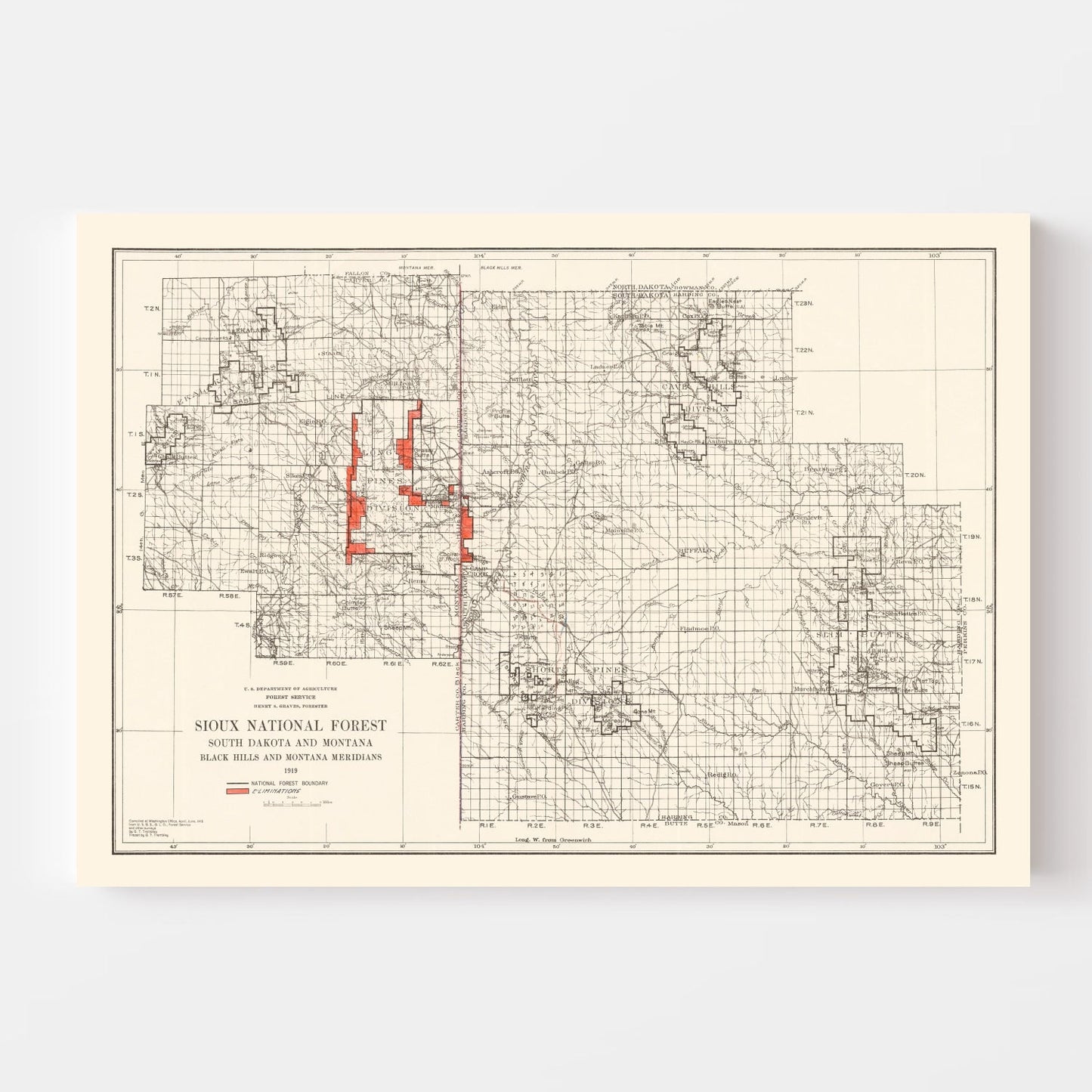Vintage Sioux National Forest South Dakota Map, 1919