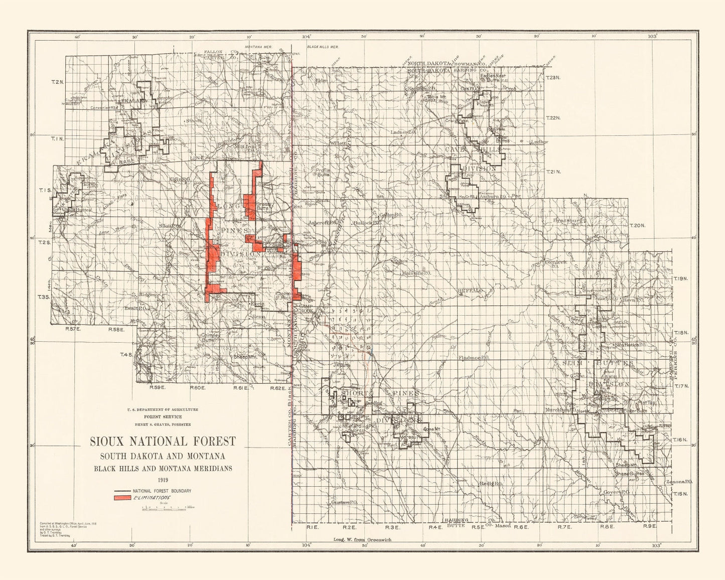 Vintage Sioux National Forest South Dakota Map, 1919