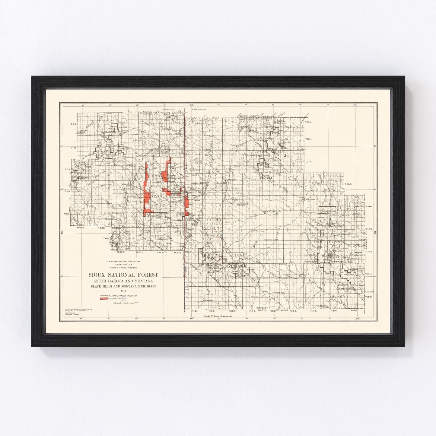 Vintage 1919 Sioux National Forest South Dakota map from US Forest Service cartography, restored print