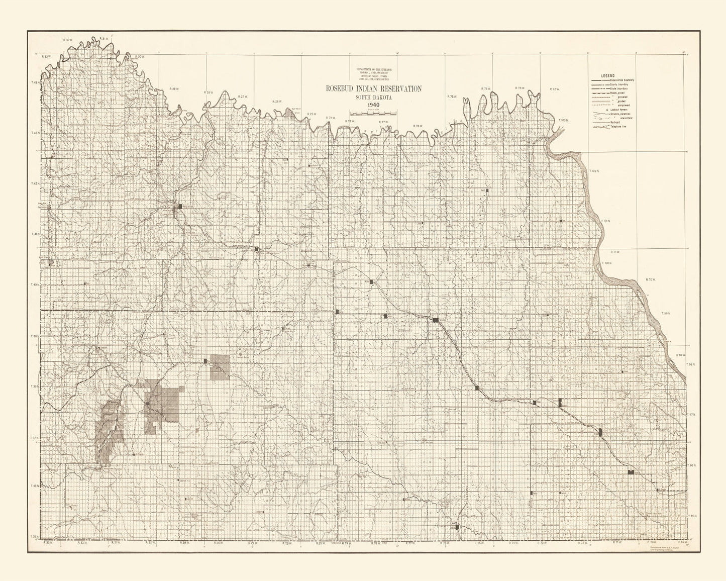 Vintage Map of the Rosebud Indian Reservation, South Dakota, 1940