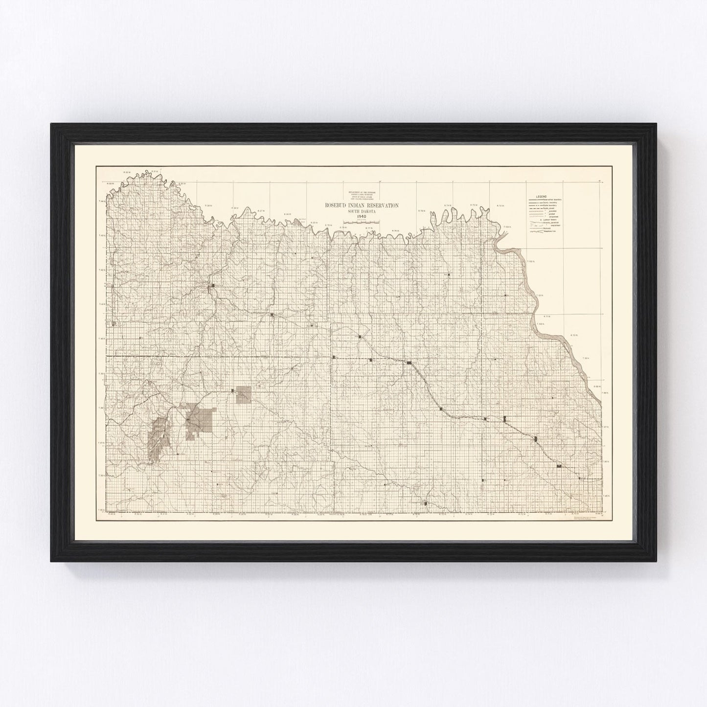 vintage map of Rosebud Indian Reservation, South Dakota, 1940