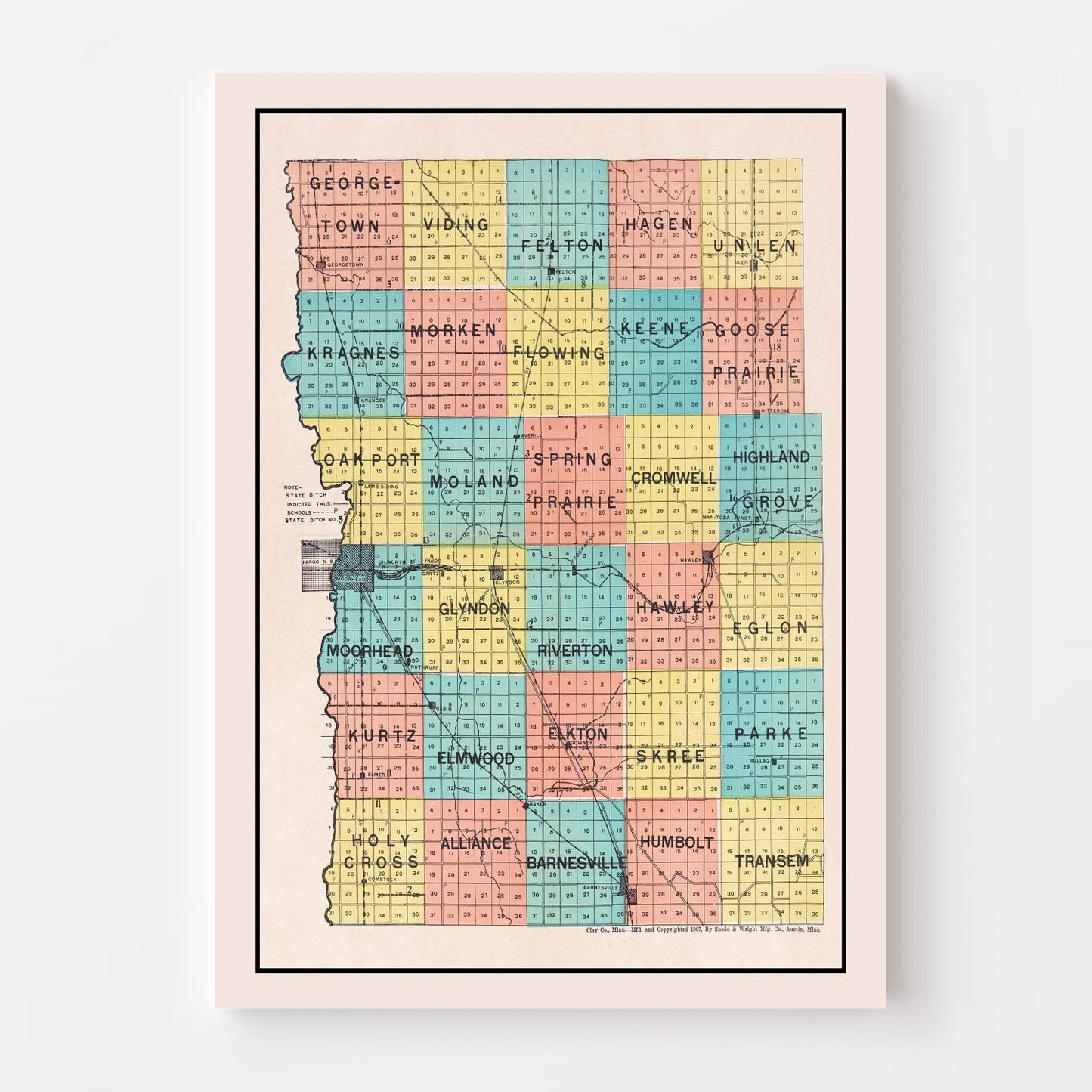 Vintage Map of Clay County, Minnesota, 1907