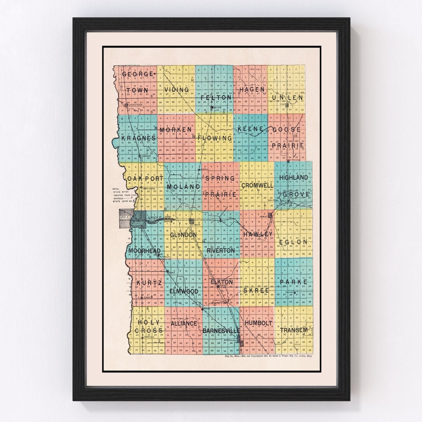 Vintage map of Clay County, Minnesota, 1907