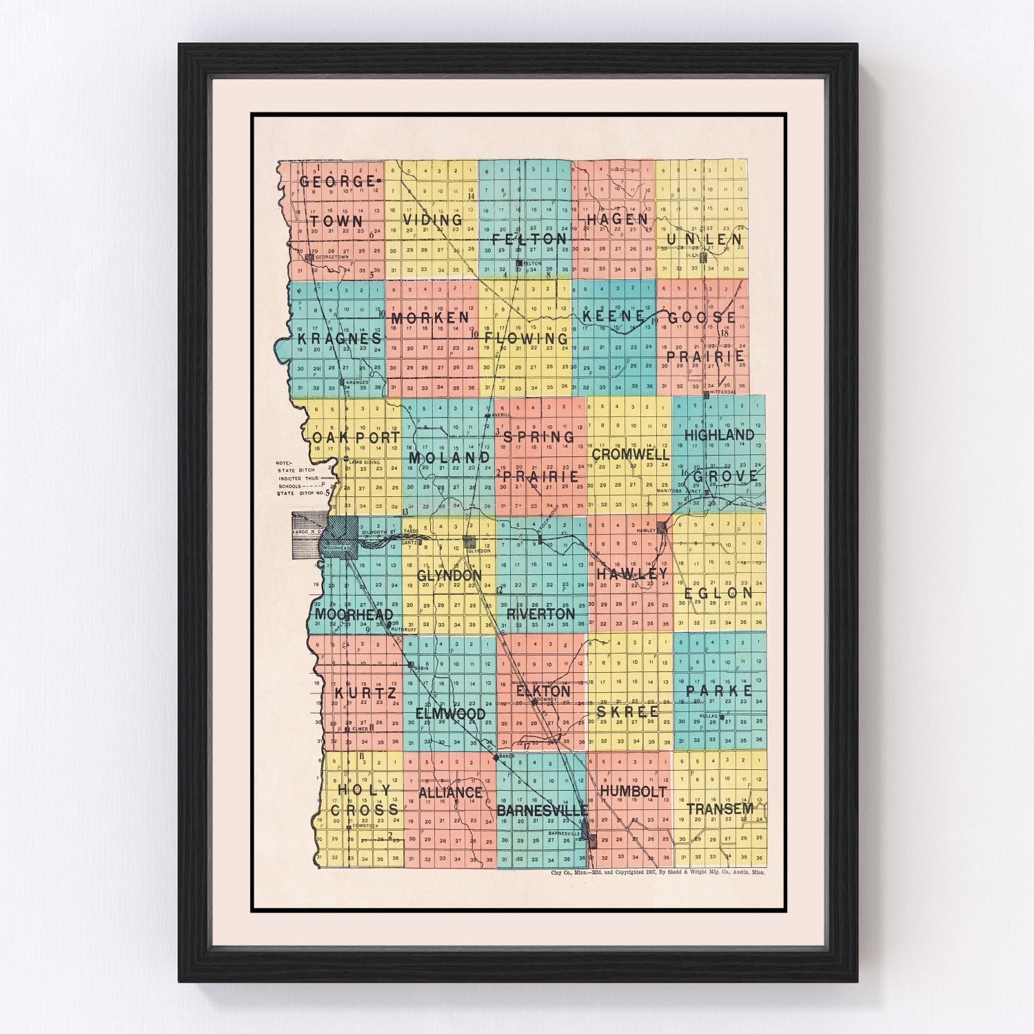 Vintage map of Clay County, Minnesota, 1907