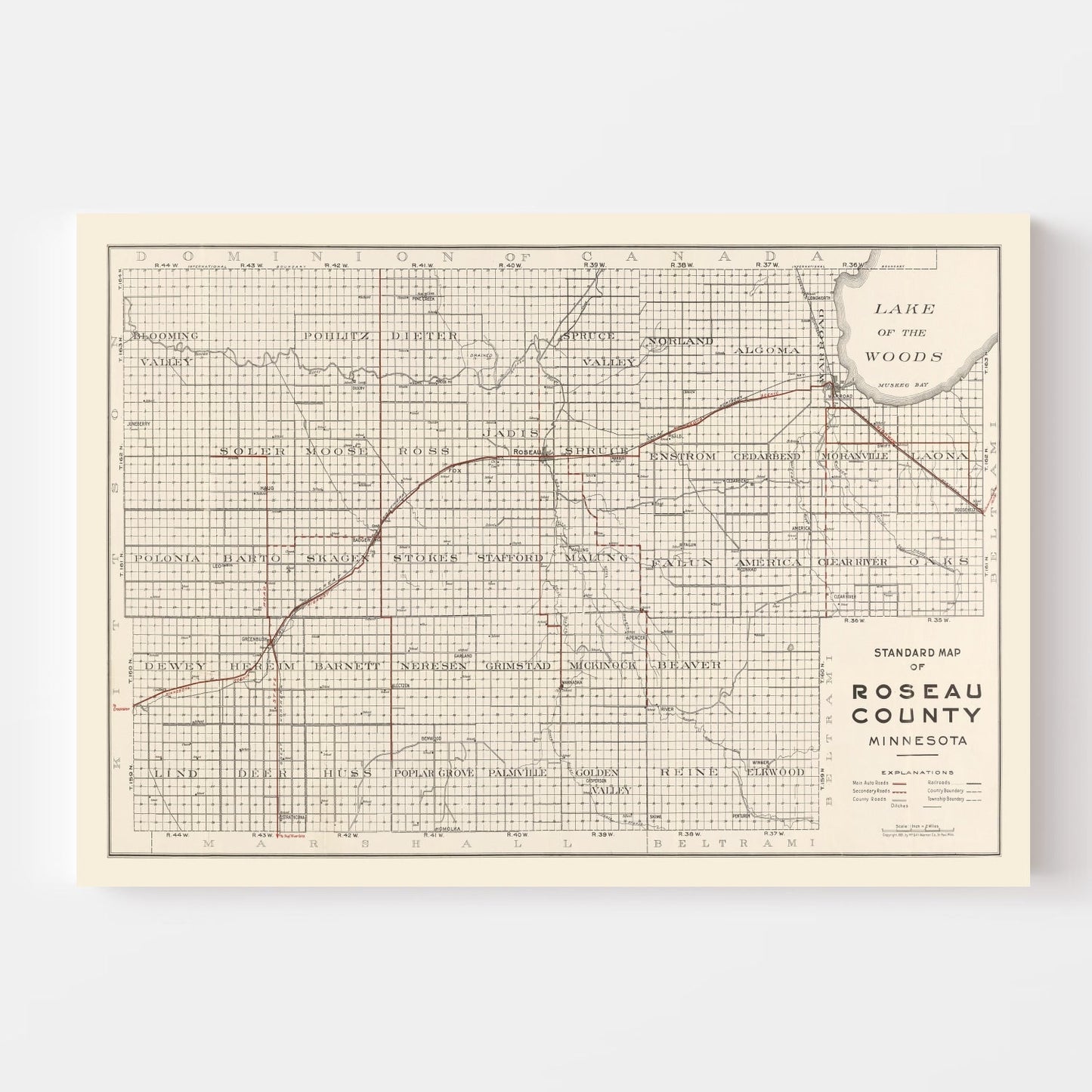 Vintage Map of Roseau County, Minnesota, 1921