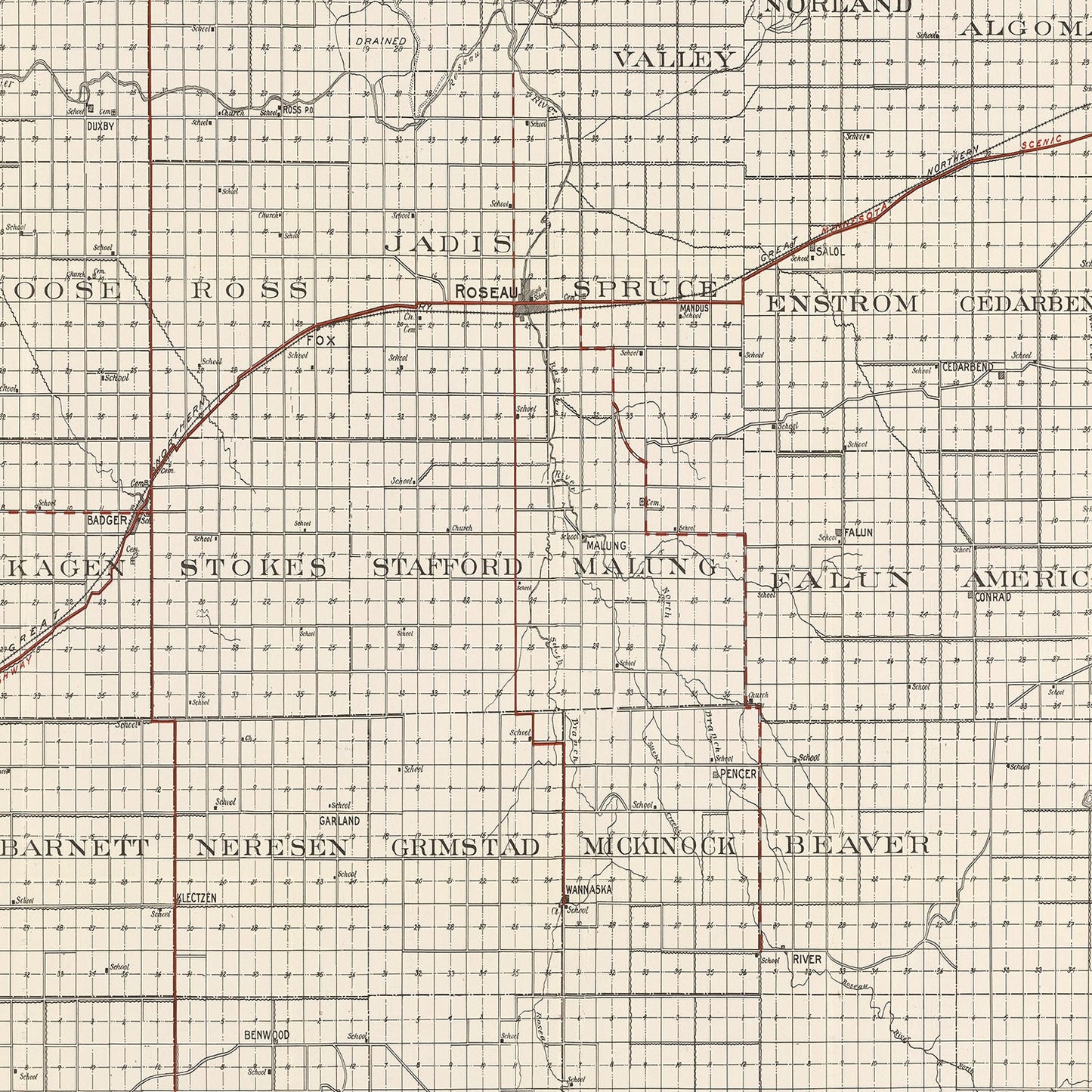 Vintage Map of Roseau County, Minnesota, 1921