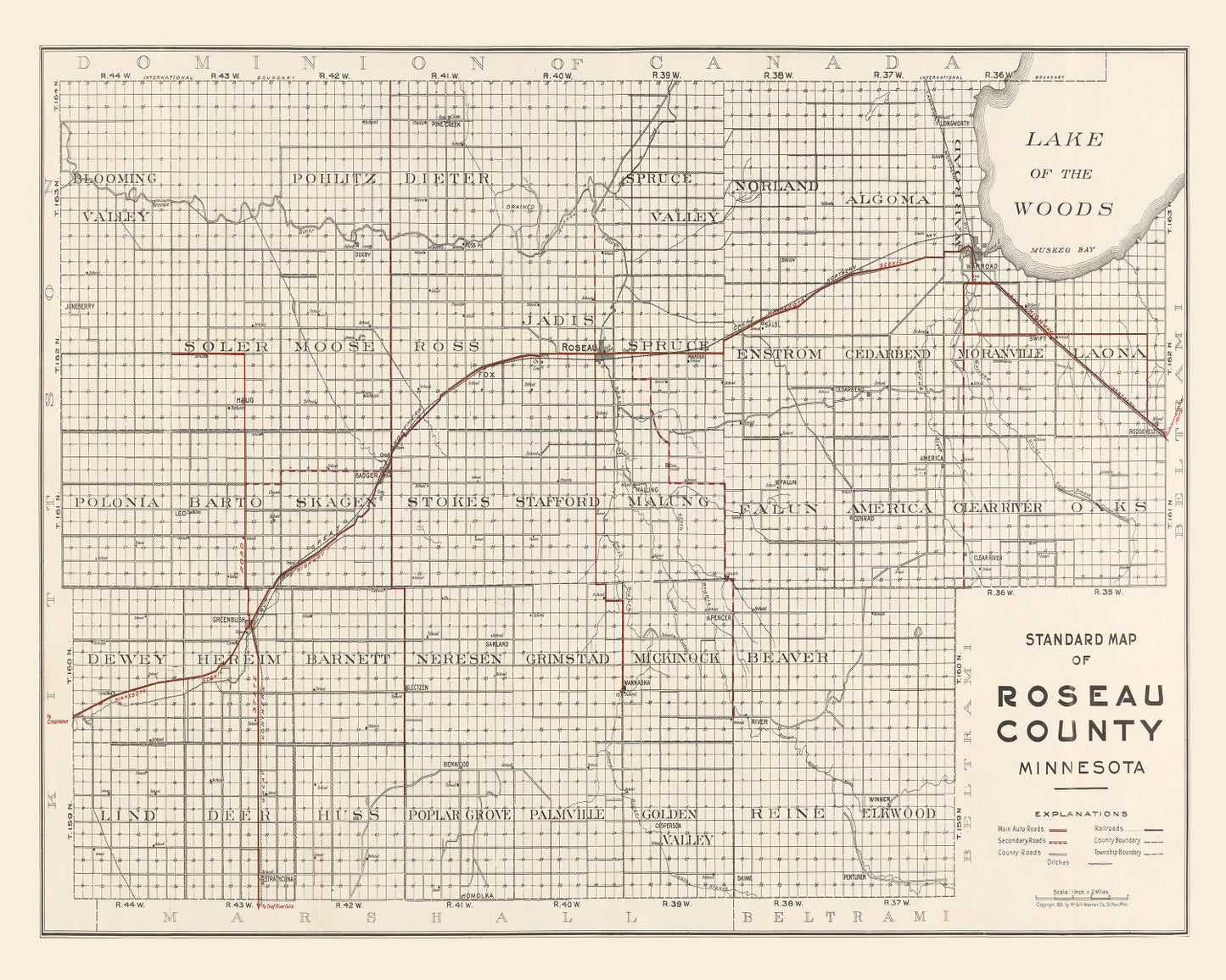 Vintage Map of Roseau County, Minnesota, 1921