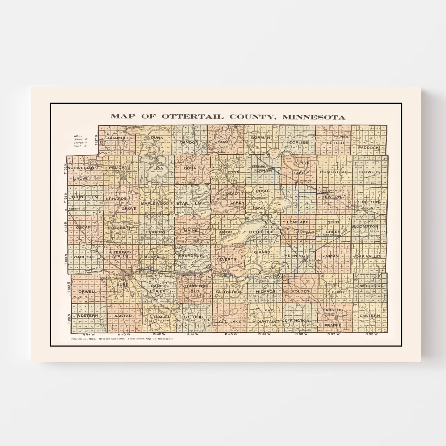 Vintage Map of Otter Tail County, Minnesota, 1916