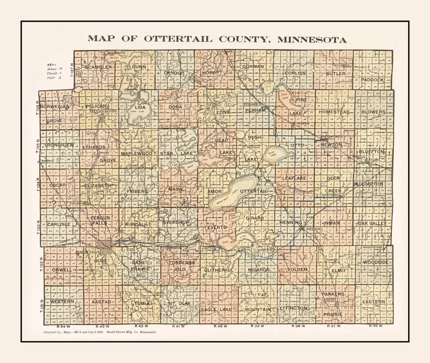 Vintage Map of Otter Tail County, Minnesota, 1916