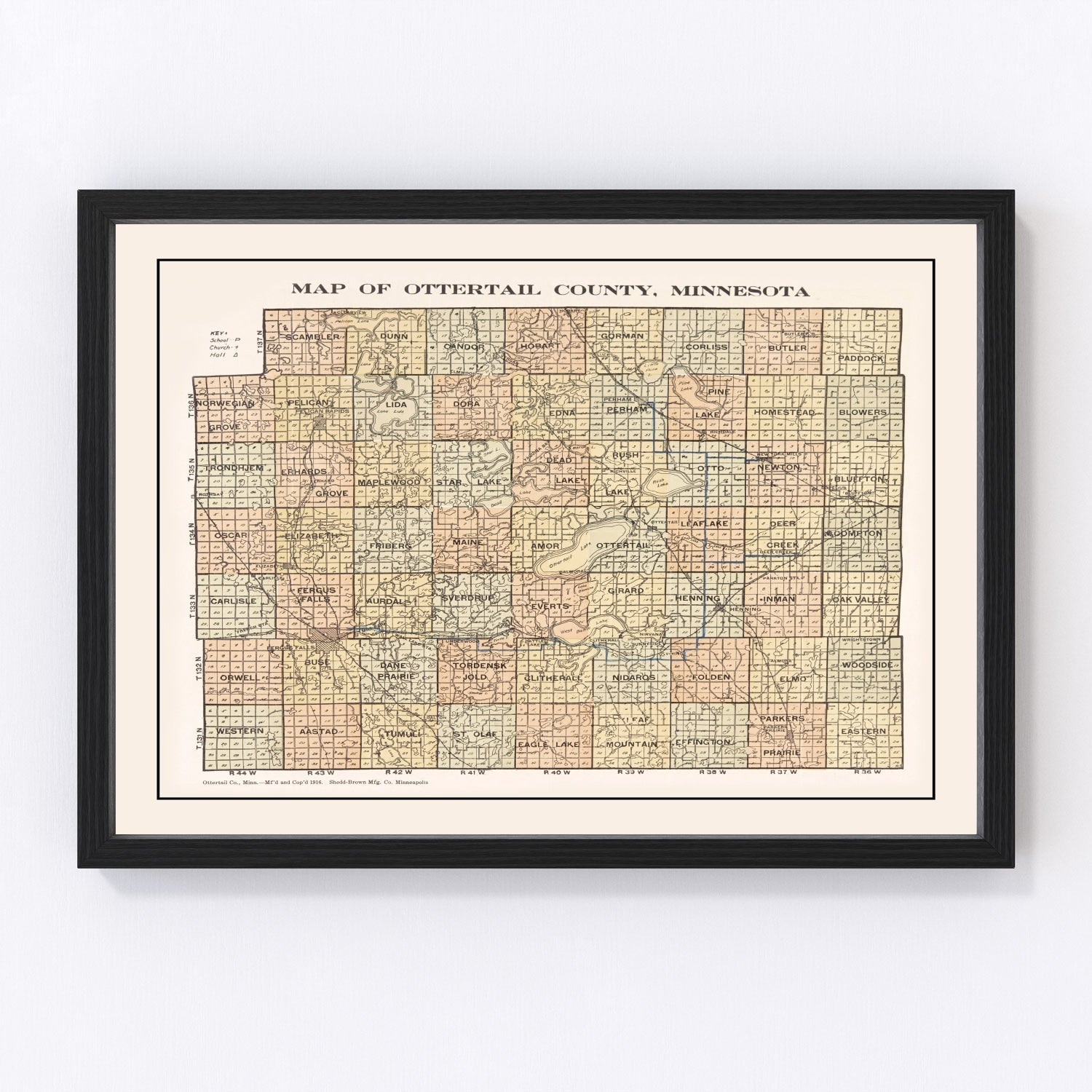 Vintage map of Otter Tail County, Minnesota, 1916