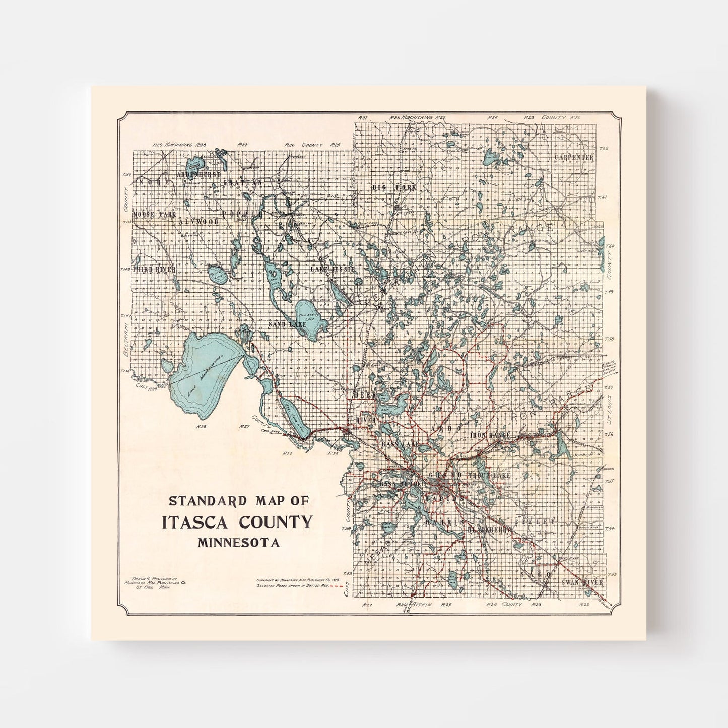 Vintage Map of Itasca County, Minnesota, 1914