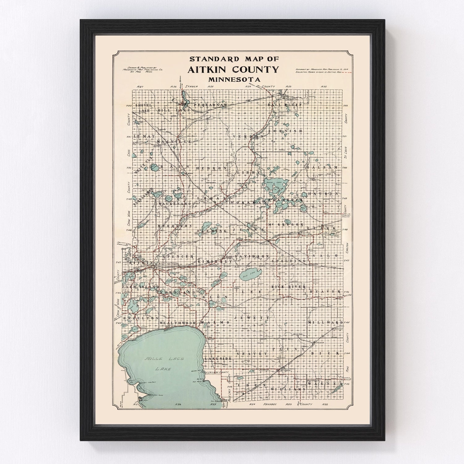 Vintage map of Aitkin County, Minnesota, 1914 - restored print