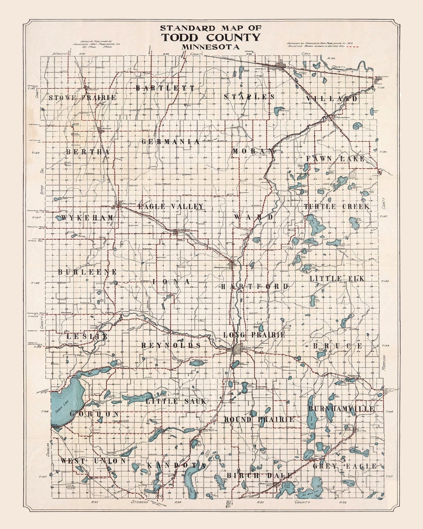 Vintage Map of Todd County, Minnesota, 1913