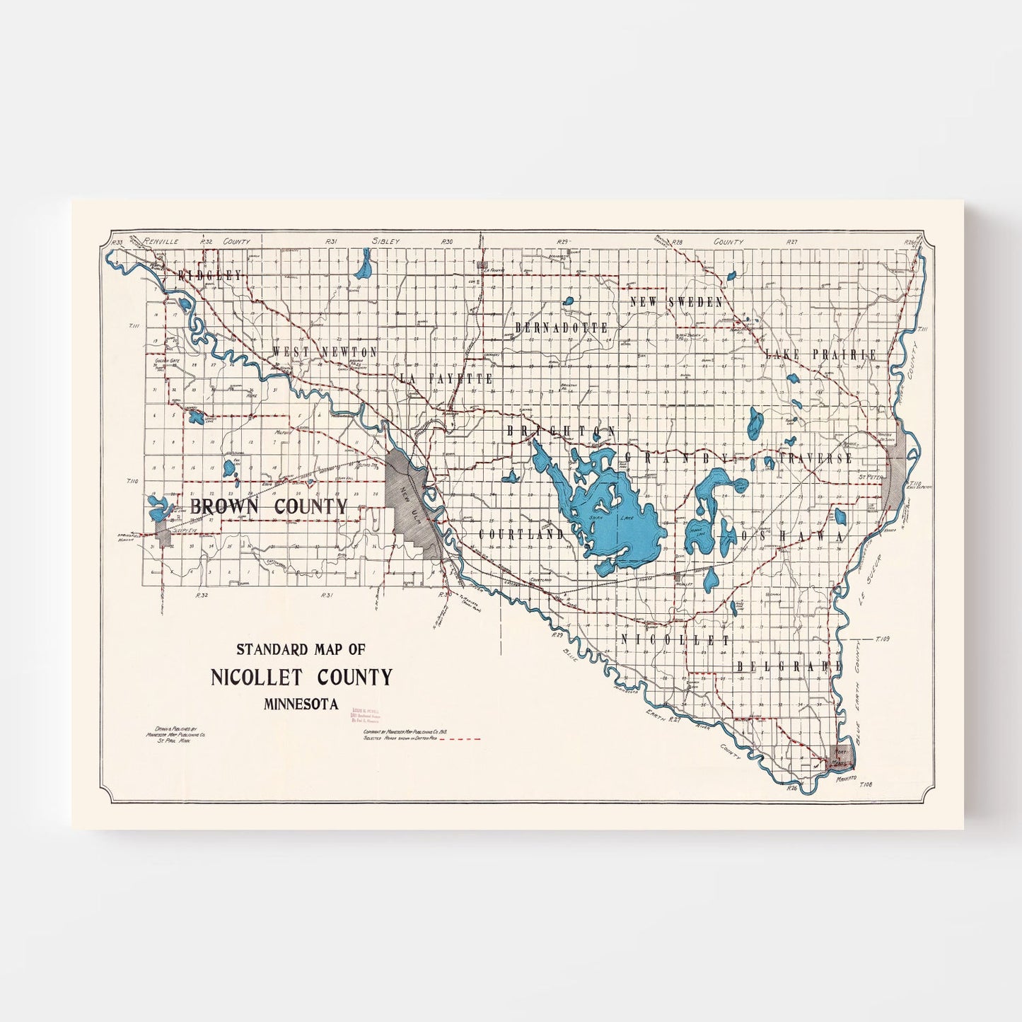 Vintage Map of Nicollet County, Minnesota, 1913