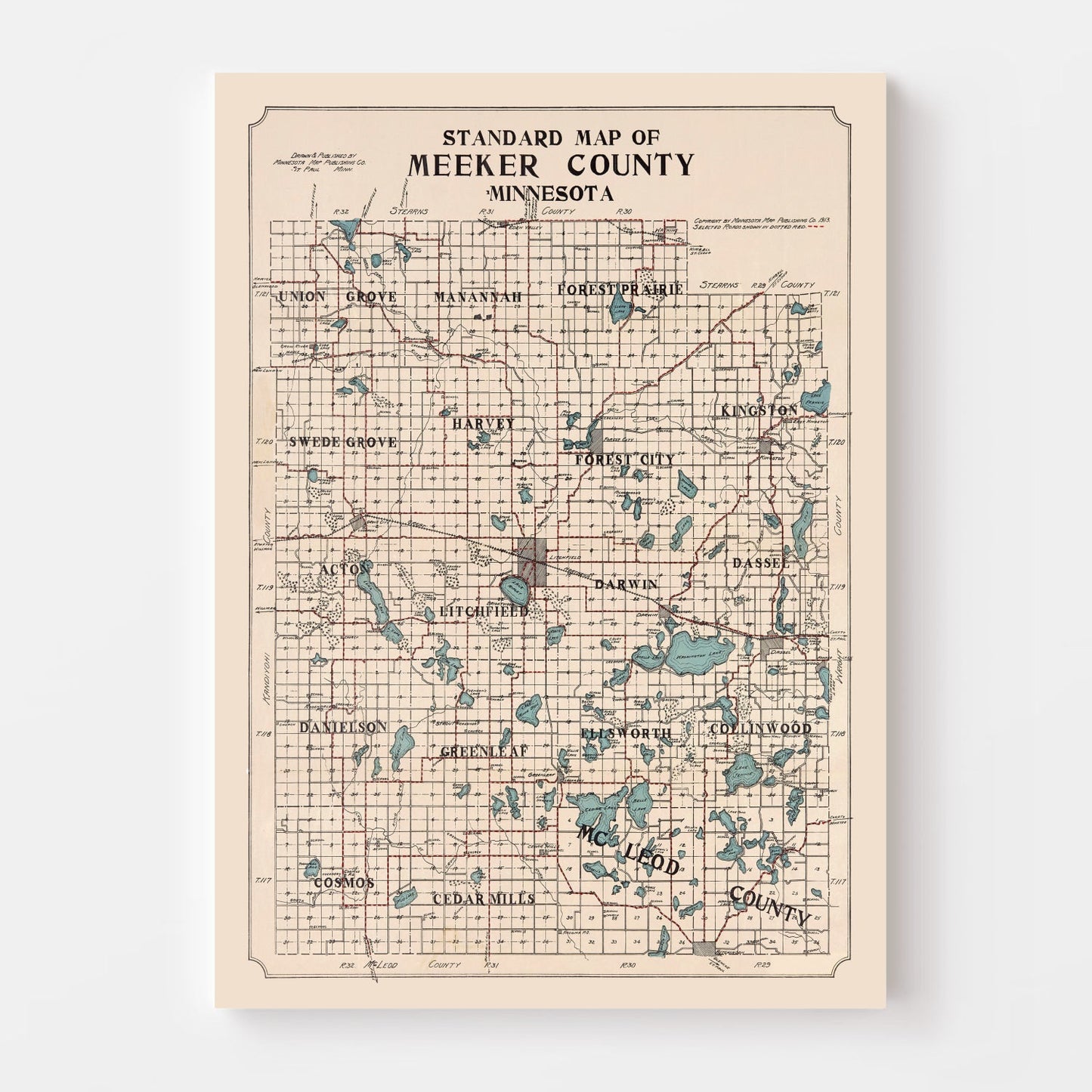 Vintage Map of Meeker County, Minnesota, 1913