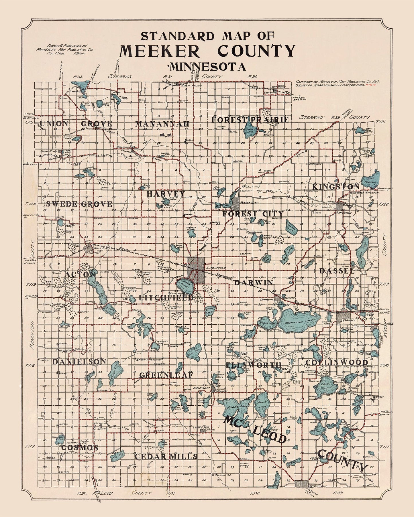 Vintage Map of Meeker County, Minnesota, 1913