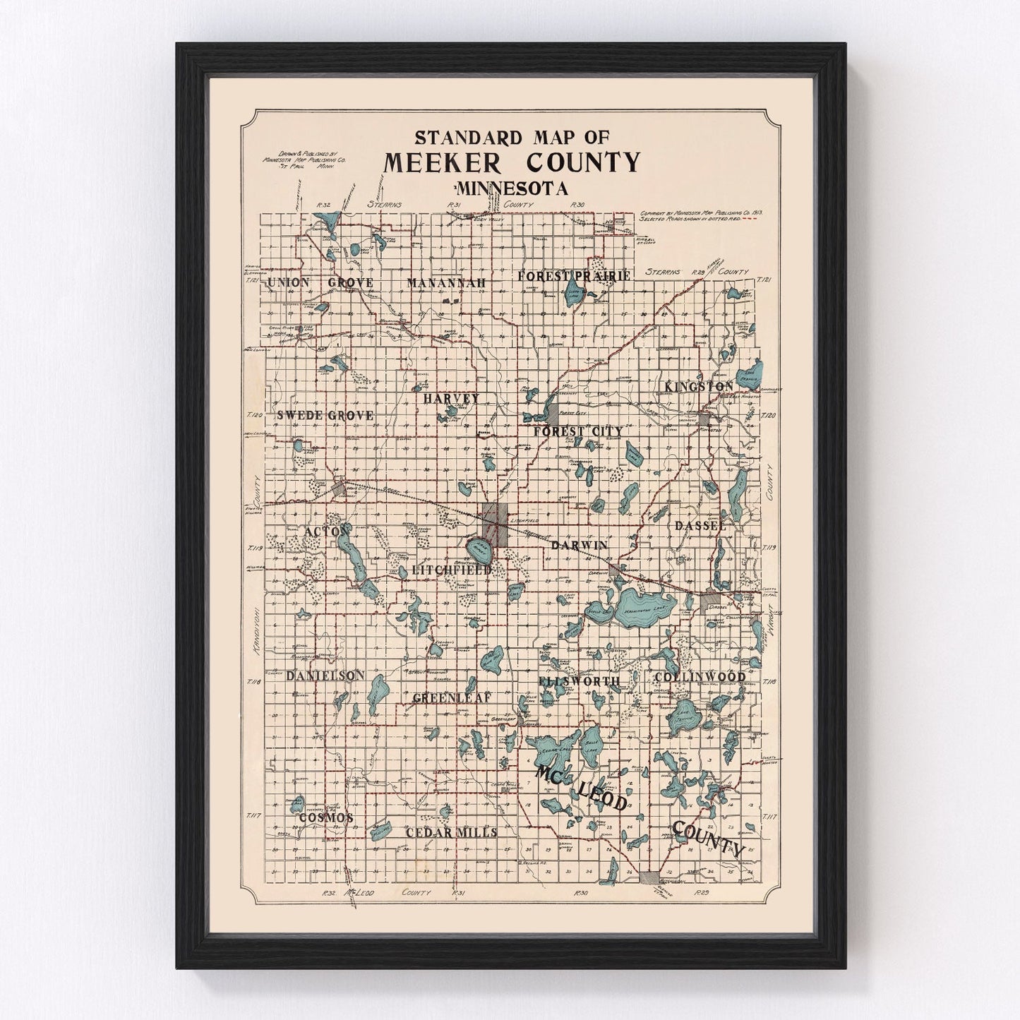 Vintage map of Meeker County, Minnesota, 1913