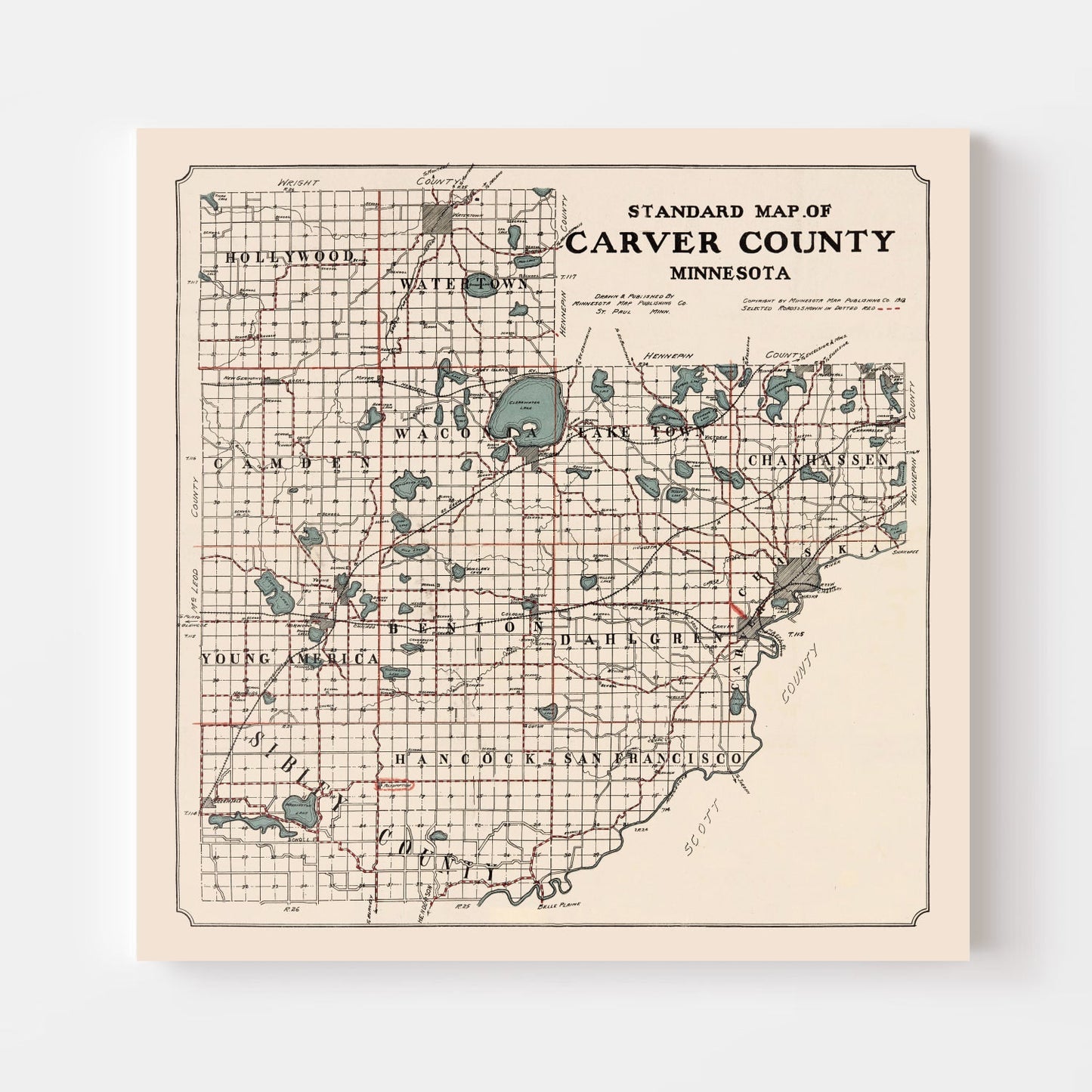 Vintage Map of Carver County, Minnesota, 1913