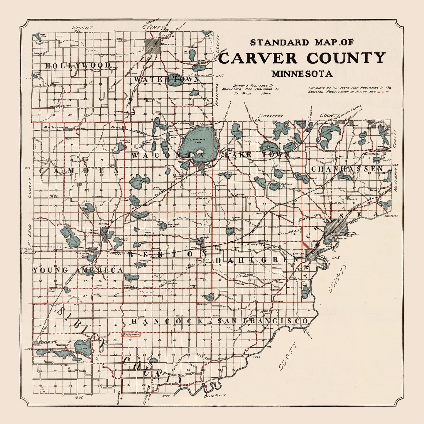 Vintage Map of Carver County, Minnesota, 1913