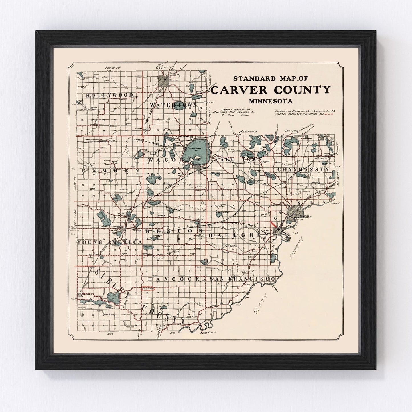 Vintage map of Carver County, Minnesota, 1913, restored vintage wall art print