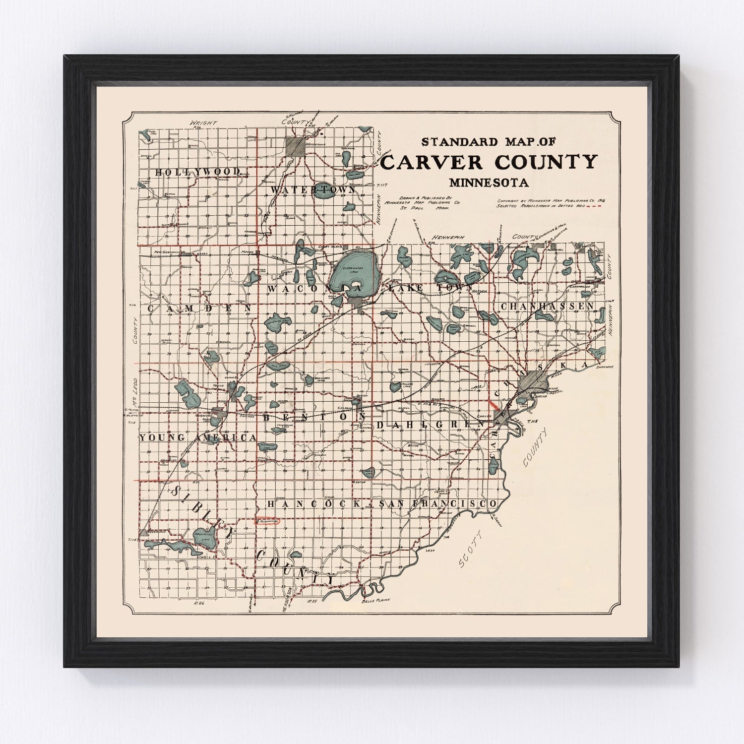 Vintage map of Carver County, Minnesota, 1913, restored vintage wall art print