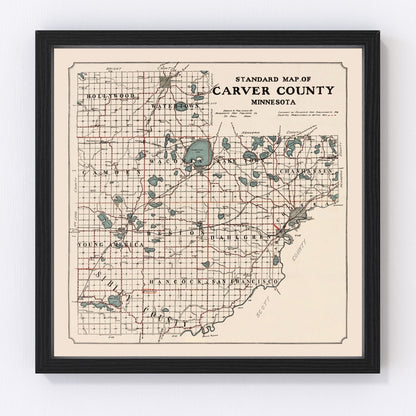 Vintage map of Carver County, Minnesota, 1913, restored vintage wall art print