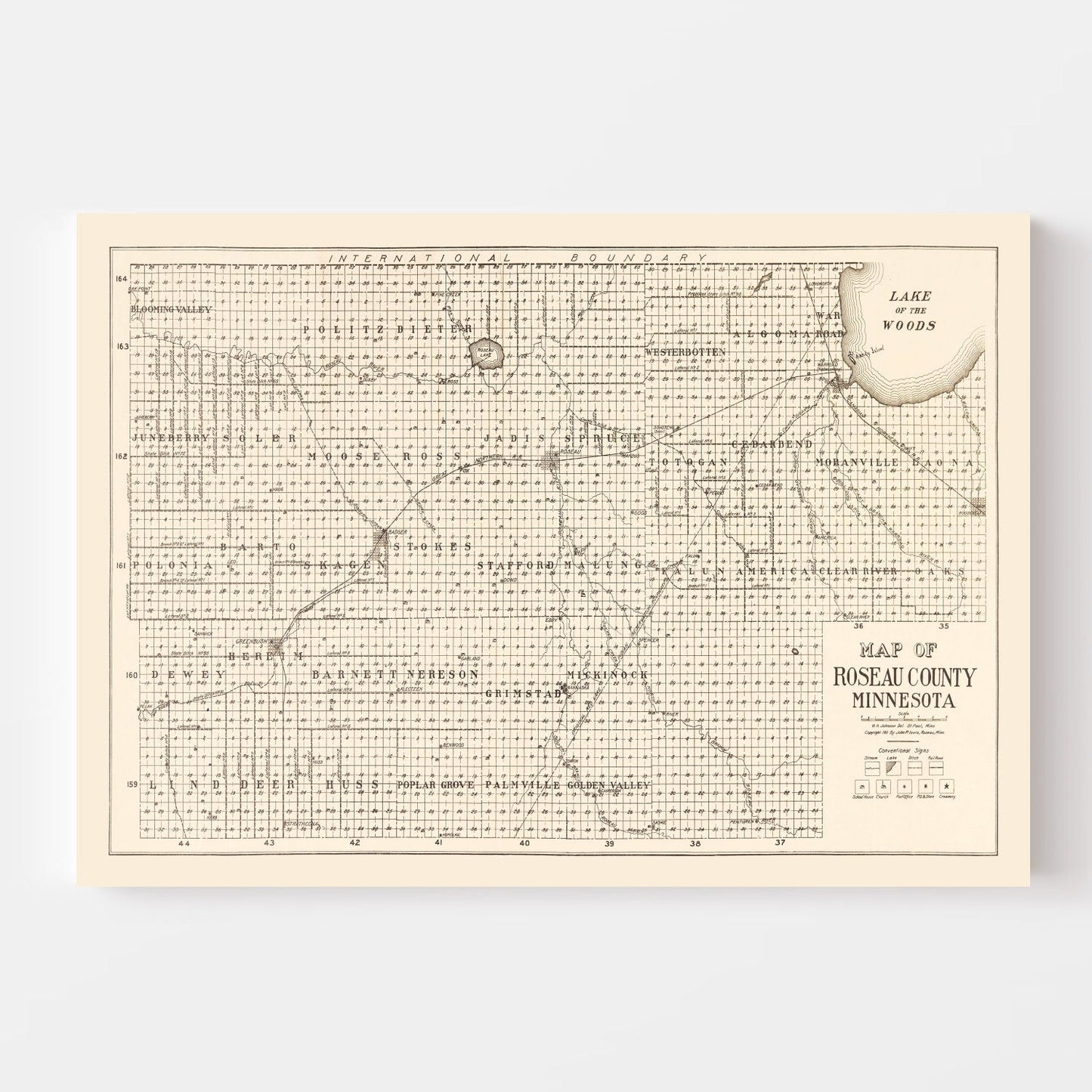 Vintage Map of Roseau County, Minnesota, 1911