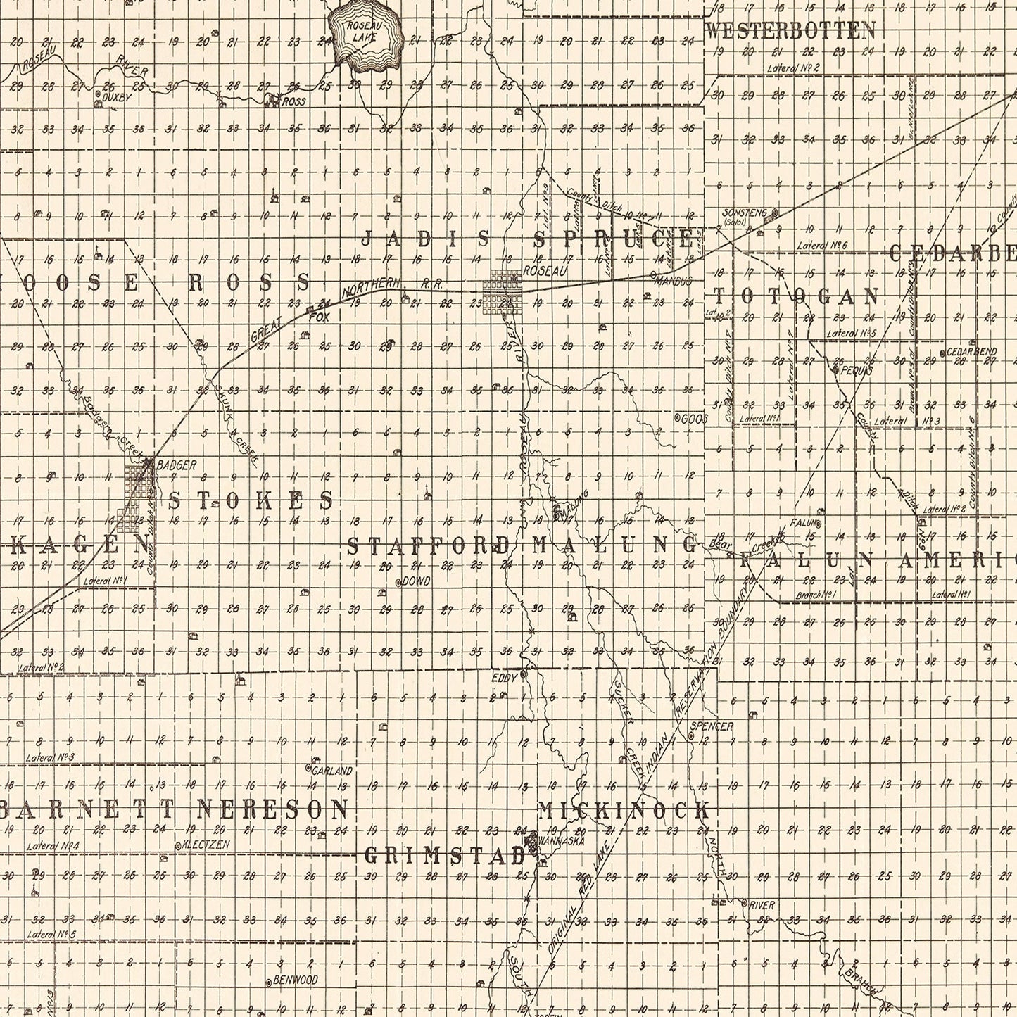 Vintage Map of Roseau County, Minnesota, 1911