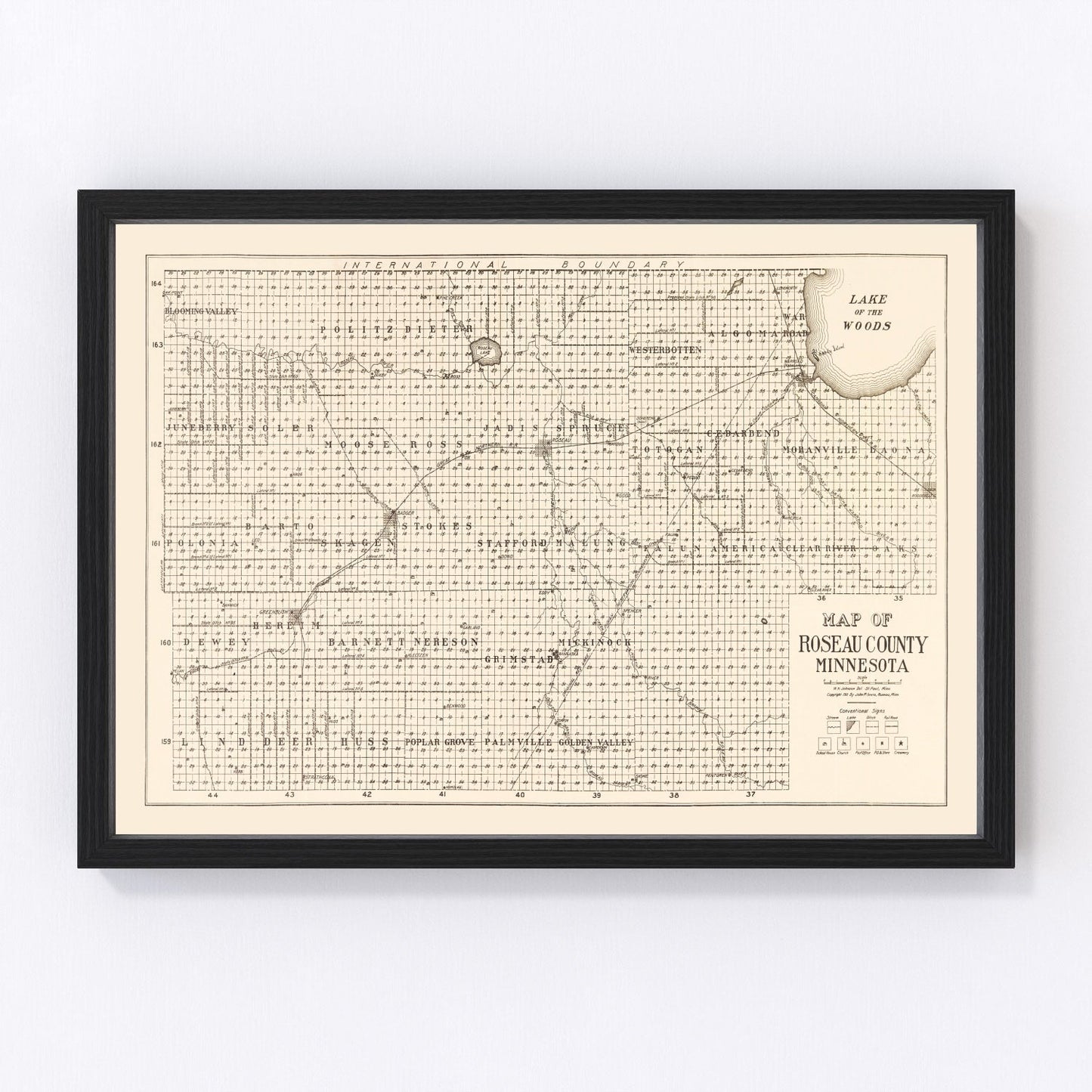 Vintage map of Roseau County, Minnesota, 1911