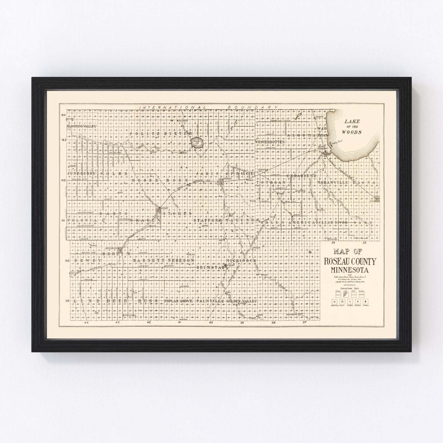 Vintage map of Roseau County, Minnesota, 1911