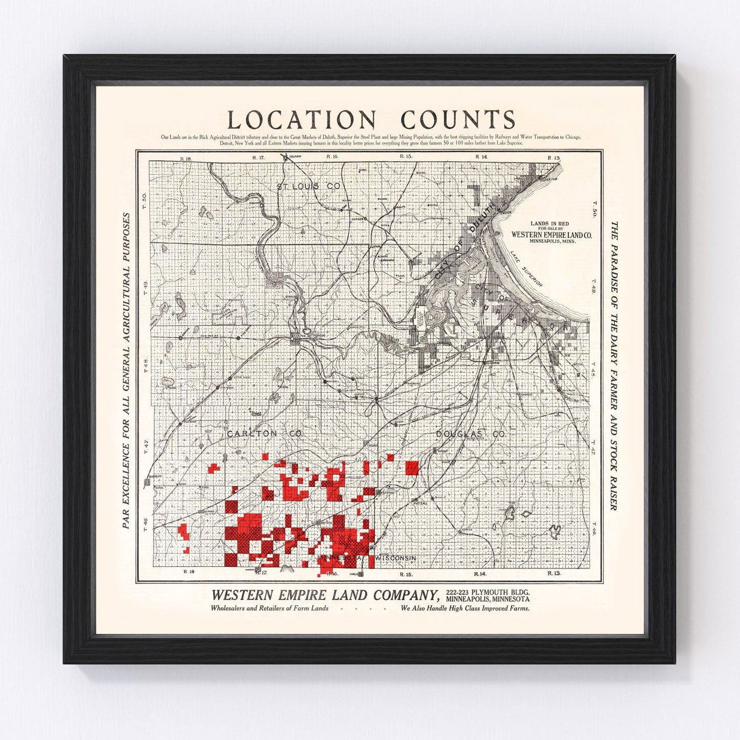 Vintage map of Carlton County, Minnesota, 1919, restored vintage wall art print