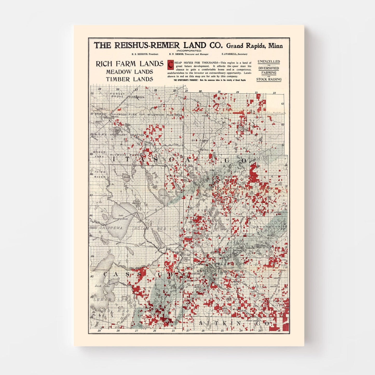 Vintage Map of Itasca County, Minnesota, 1908