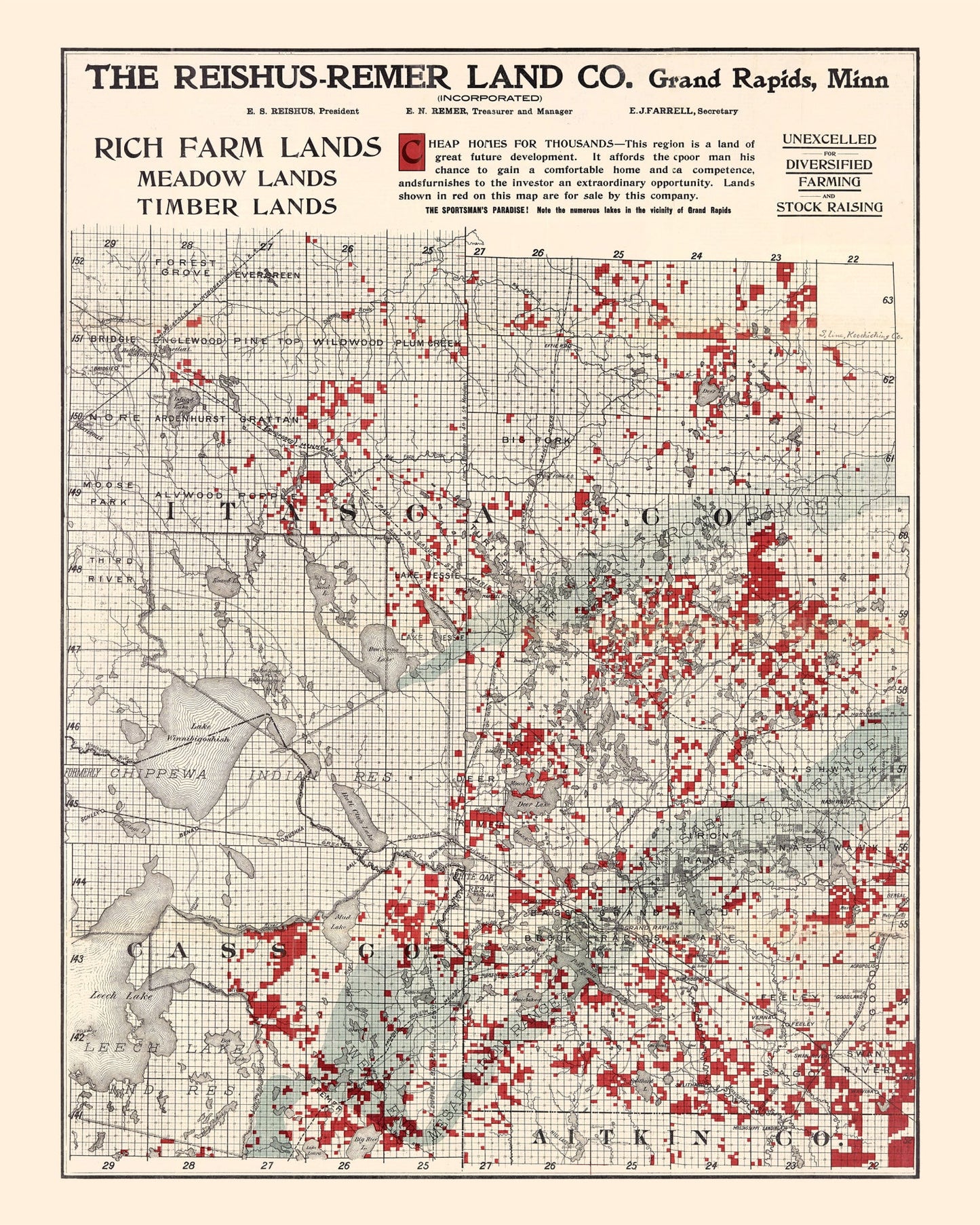 Vintage Map of Itasca County, Minnesota, 1908