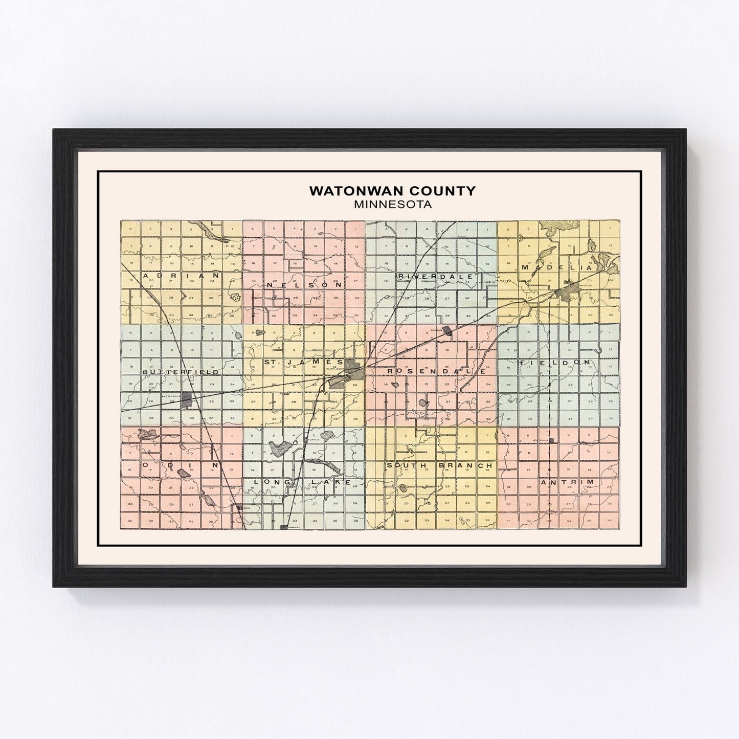 Vintage map of Watonwan County, Minnesota, 1907, southwest prairie and Watonwan River