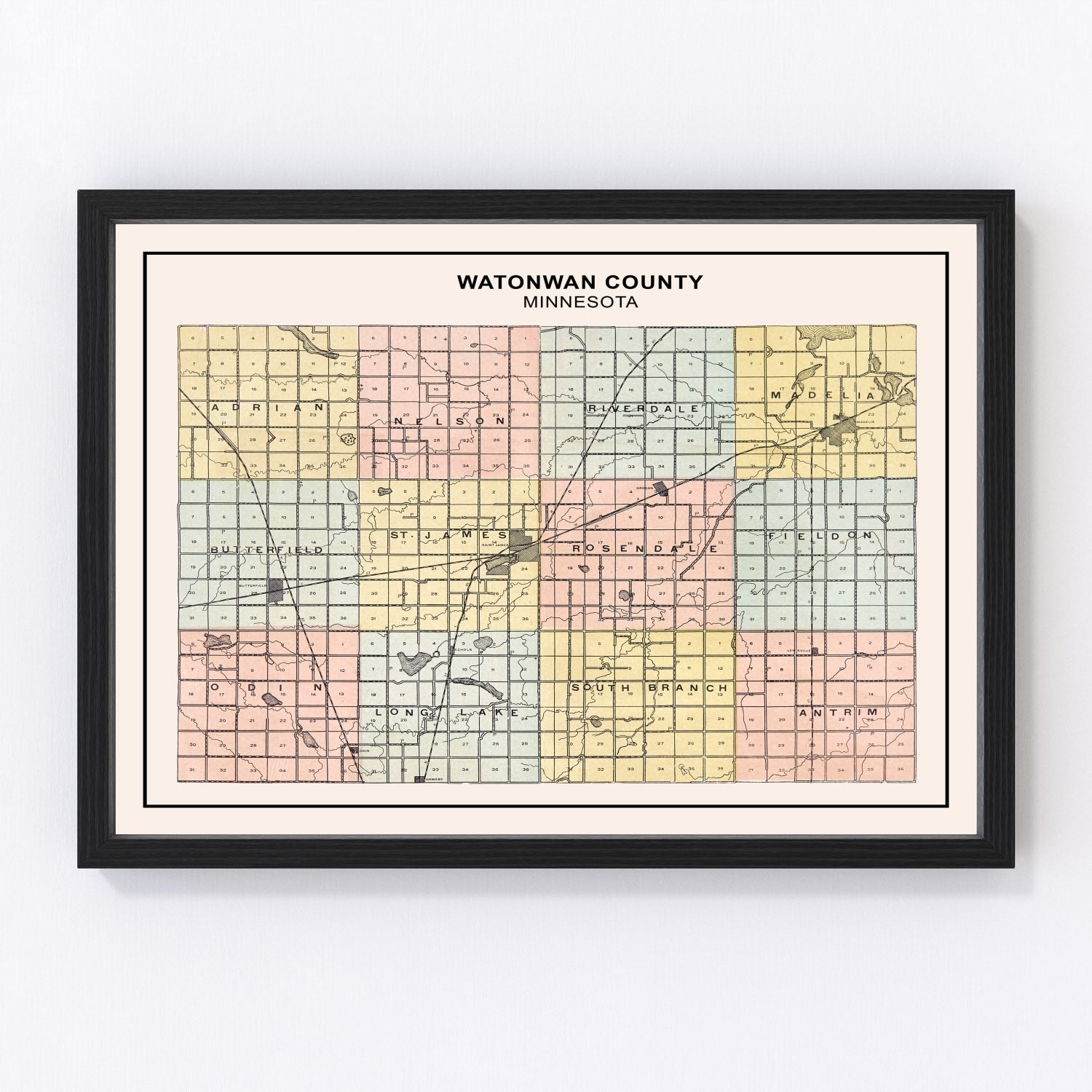 Vintage map of Watonwan County, Minnesota, 1907, southwest prairie and Watonwan River