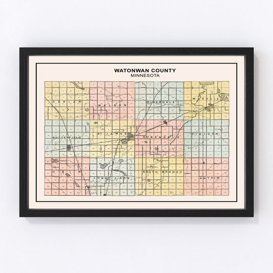 Vintage map of Watonwan County, Minnesota, 1907, southwest prairie and Watonwan River