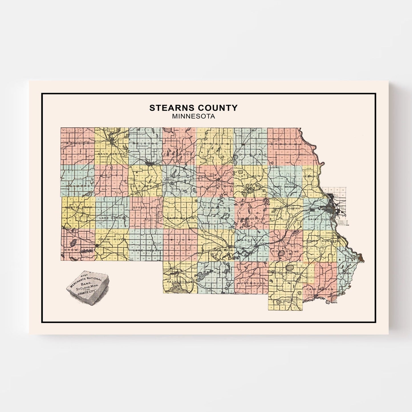 Vintage Map of Stearns County, Minnesota, 1907