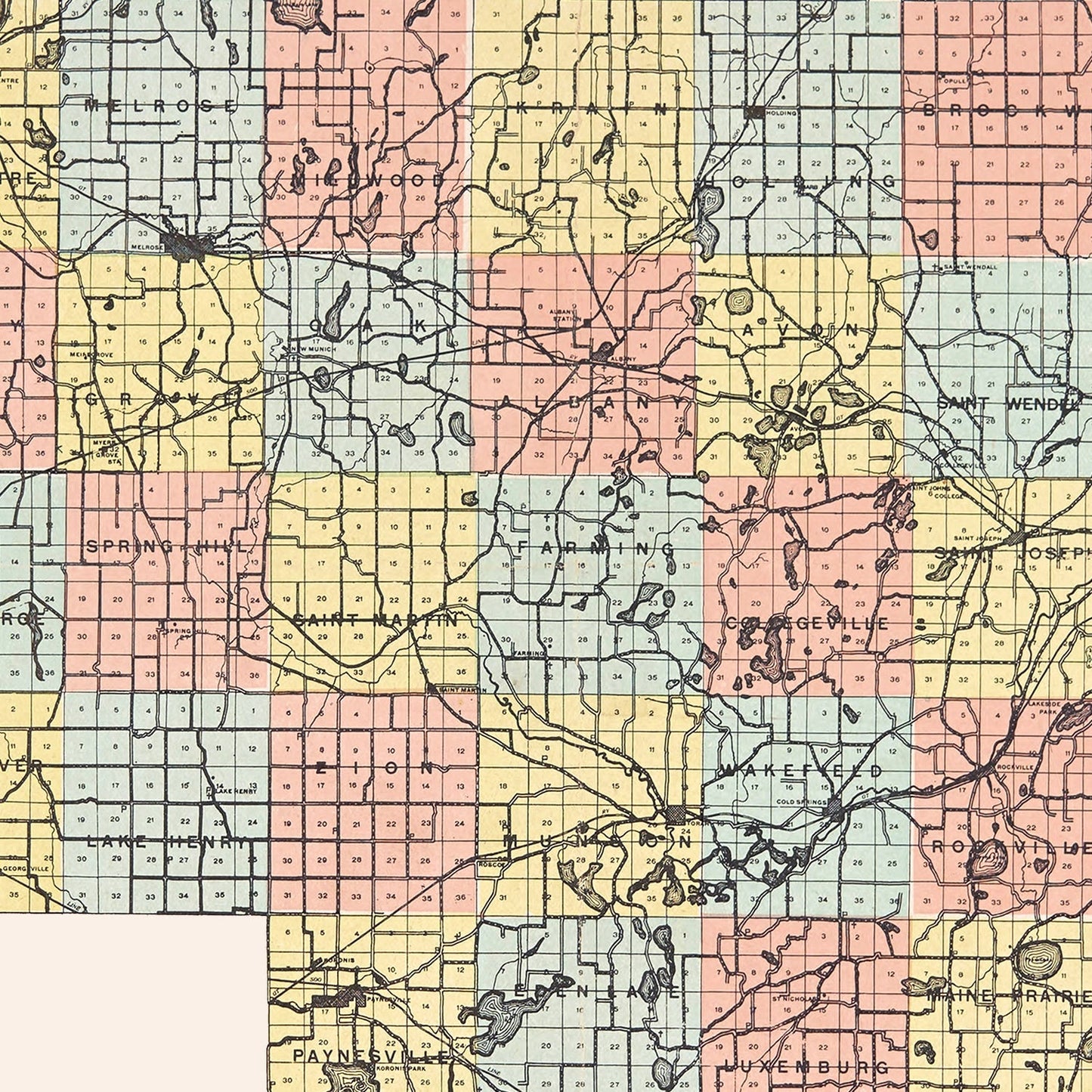 Vintage Map of Stearns County, Minnesota, 1907