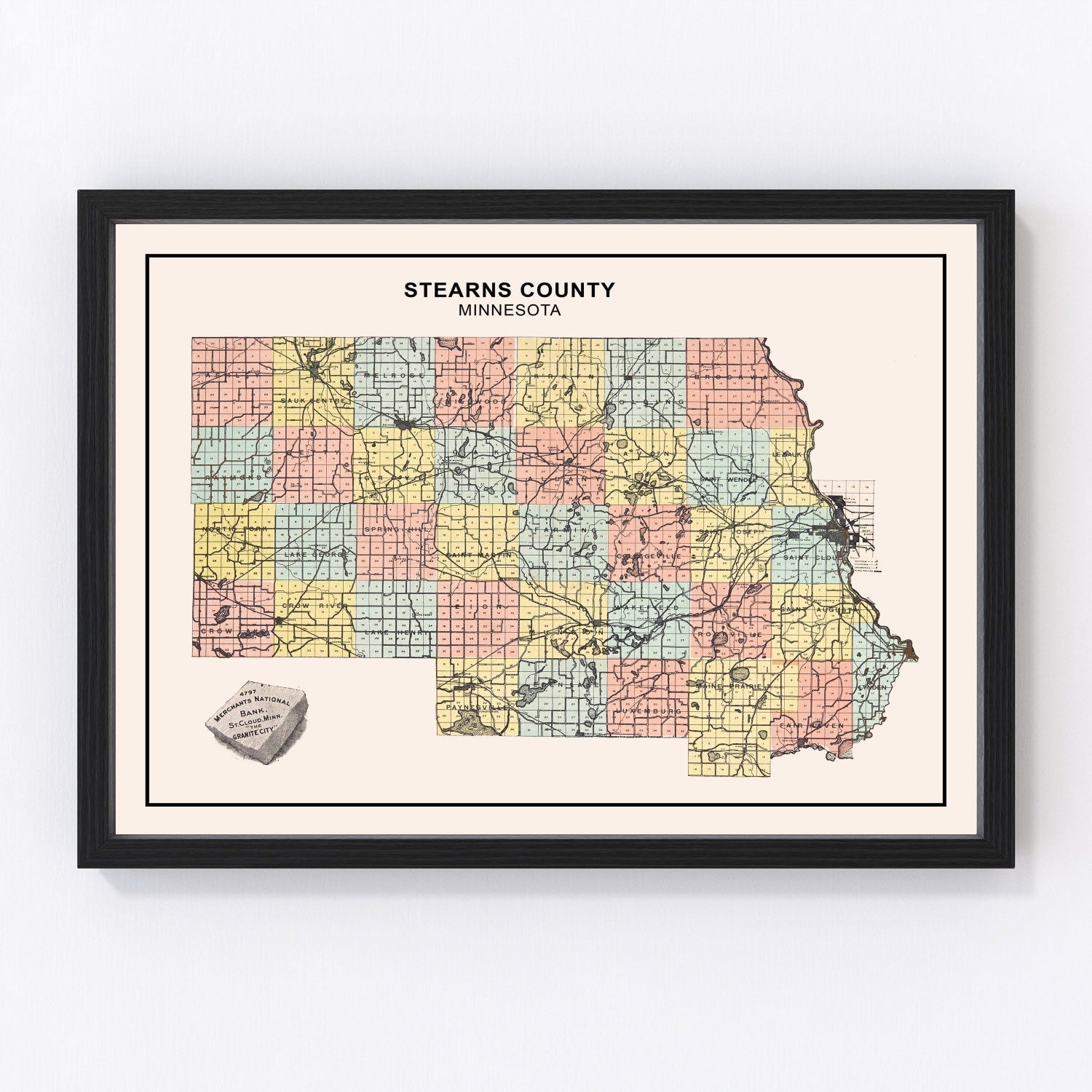 Vintage map of Stearns County, Minnesota, 1907