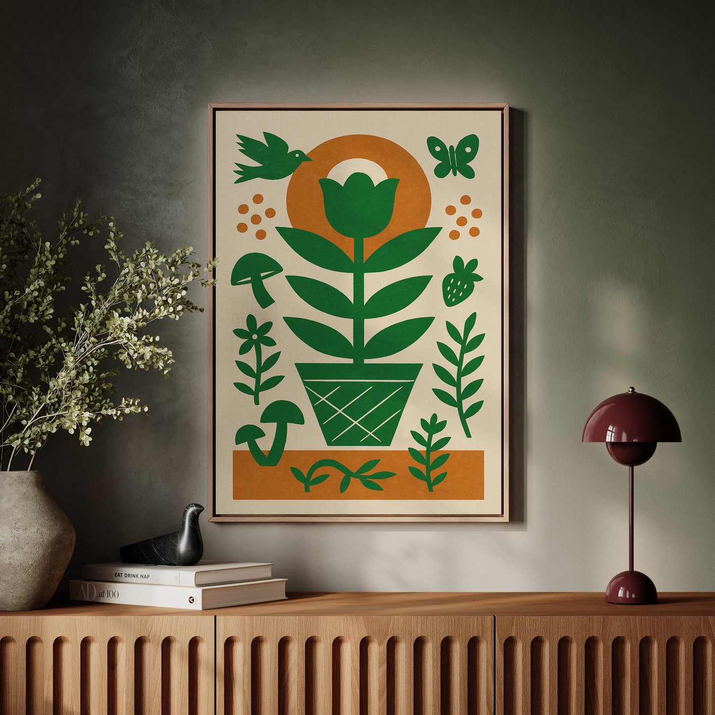 Folk Garden Wall Art - Bird, Butterfly and Tulip Print